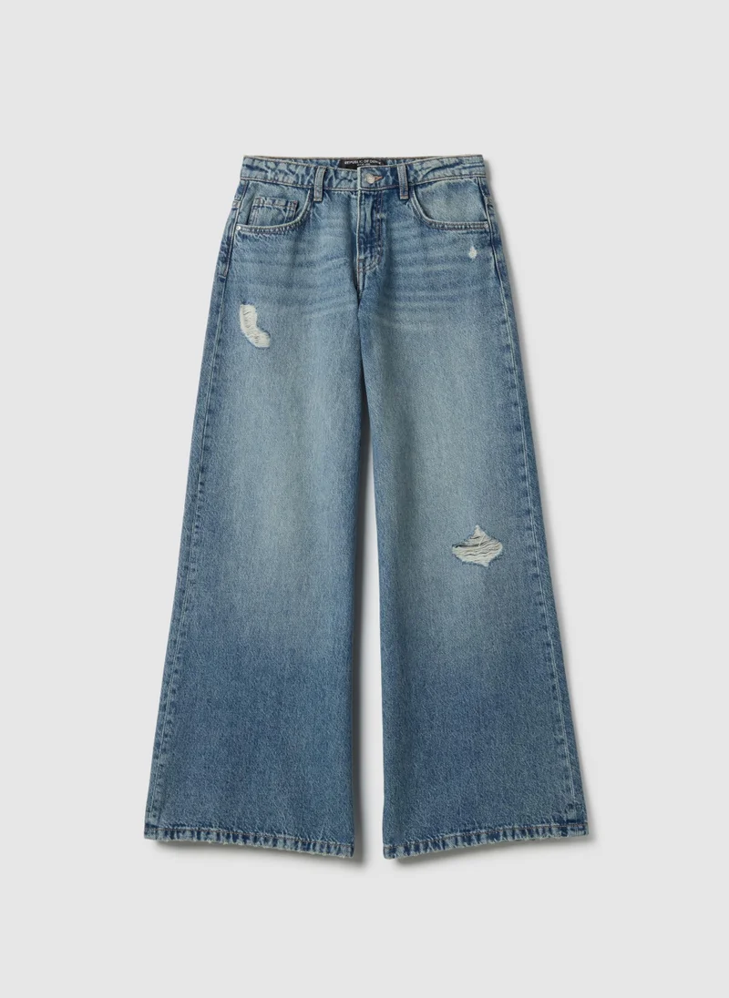 Ovs  OVS Wide Leg Blue Cotton Jeans With Rips for Women | Best Price UAE